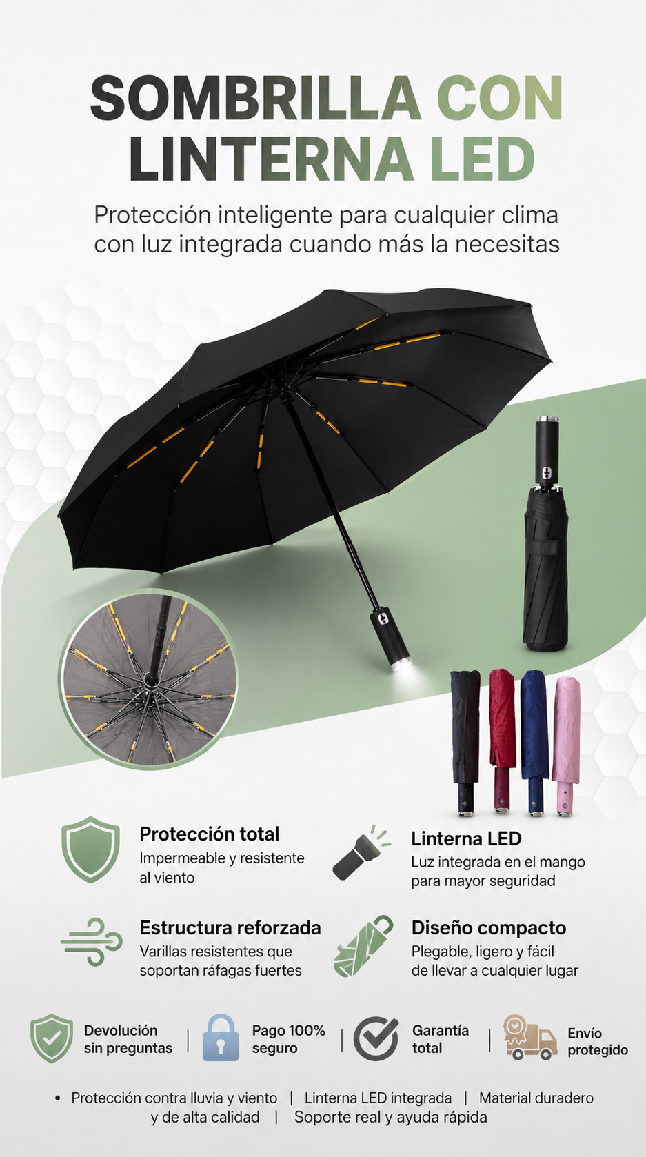 Sombrilla con Linterna LED-Reforzada con varillas de alta resistencia- !OFERTA SOLO POR HOY! 2X1